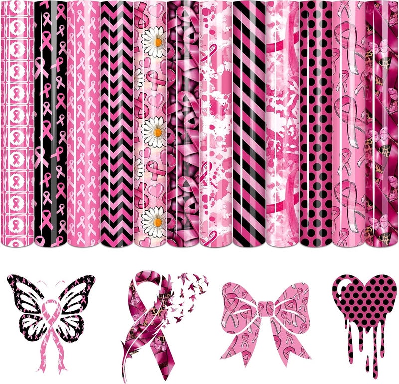Tintnut Black Pink Heat Transfer Vinyl - 12 Sheets 12inches x10inches Breast Cancer Patterned HTV Iron on Vinyl Pink Ribbon HTV Heat Transfer Vinyl Compatible with Cricut/Silhouette Cameo - Image 1
